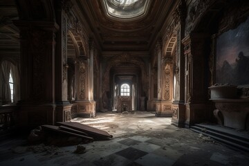 abandoned royal palace full with dust and mess, Generative Ai