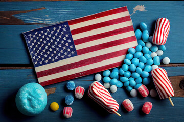 USA flag with delicious candies on blue wooden background. Happy Labor Day. Generative Ai