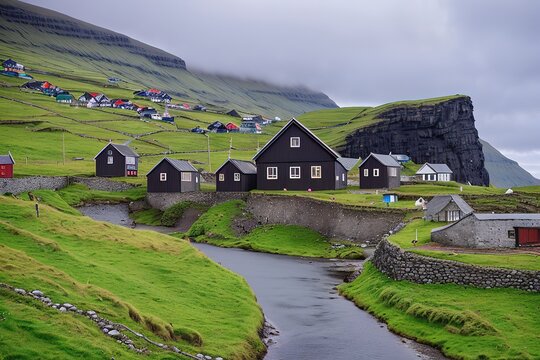 Panoramic view into the bay, Faroe Islands Generative AI.