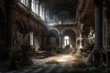 Fototapeta premium abandoned royal palace full with dust and mess, Generative Ai