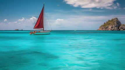 Obraz premium sailboat sailing on crystal clear blue water ocean, calm and peaceful seascape journey, idea for summer background, Generative Ai
