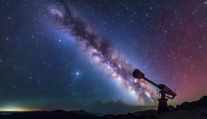 Milky way galaxy with stars and a telescope in foreground