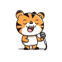Mascot of cute tiger singing with microphone. Cartoon flat character vector illustration