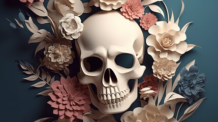 paper craft art illustration,  close up skull in flower field pastel tone color, Generative Ai
