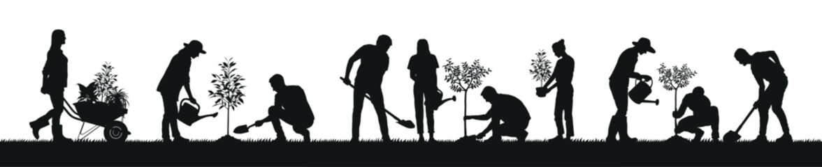 Silhouette of people planting trees various poses set collection. Family gardening and planting trees outdoor different poses silhouette set.