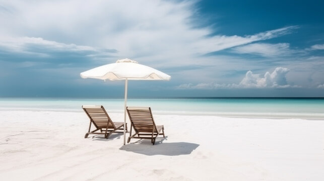 White sand, chairs and umbrella travel tourism wide panorama background
