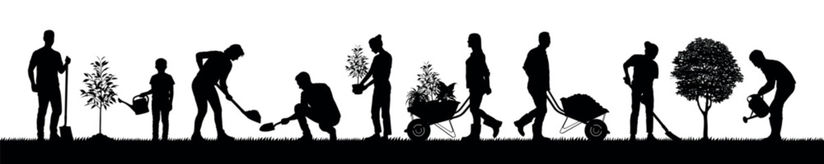 People planting trees and gardening silhouette set.