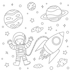 Astronaut in space doodle coloring page for kids