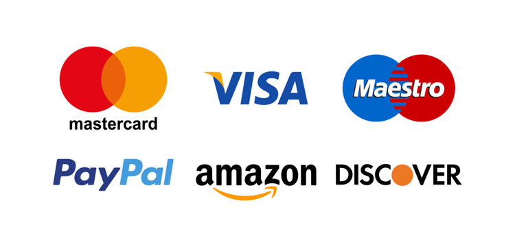 Mastercard; Visa; Maestro; PayPal; Amazon; Discover - Collection of popular means of payment logo. Vector. editorial illustration.