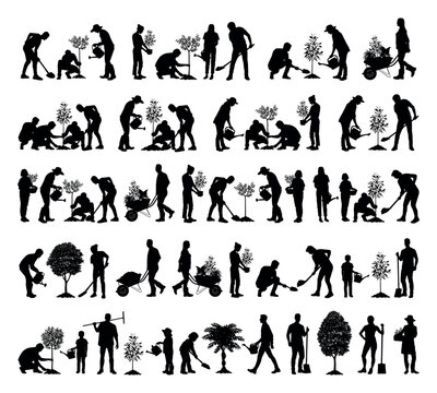 People planting trees silhouette set. Family gardening outdoor different poses silhouette set.