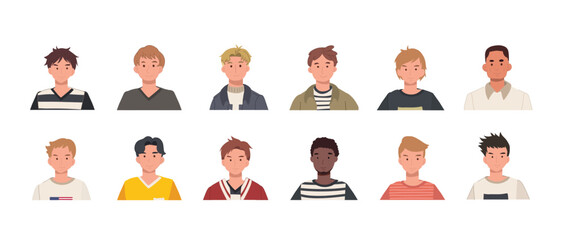 People head portraits set. Diverse men faces avatar. Happy modern young person avatars. Characters bundle. Flat vector cartoon illustrations