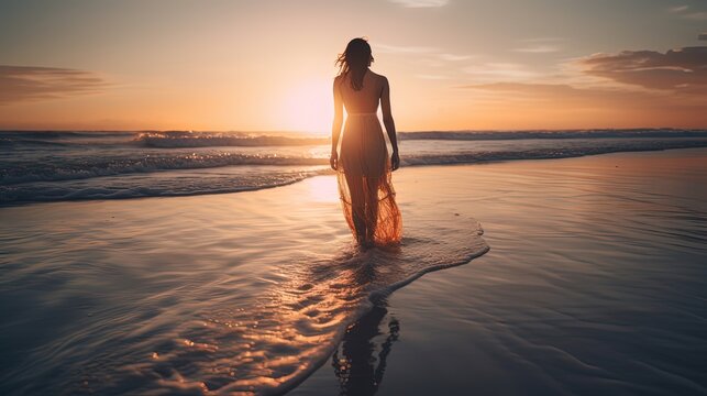 a beautiful woman walking at beach shore during twilight, idea for hope and happiness, healthy mind concept, Generative Ai
