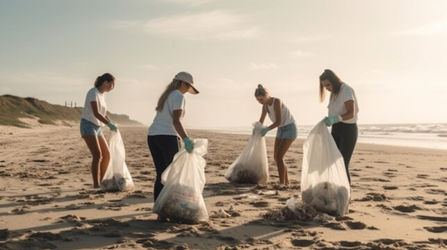 Group of eco volunteers picking up plastic trash on the beach Generative AI