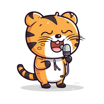 Mascot of cute tiger singing with microphone. Cartoon flat character vector illustration