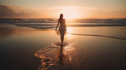 a beautiful woman walking at beach shore during twilight, idea for hope and happiness, healthy mind concept, Generative Ai