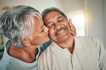 Love, kiss and elderly face of happy couple romance, spouse support and smile during retirement time together. Happiness, romantic marriage partner and senior woman, old man or people bonding at home