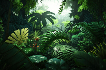 Tropical Amazon jungle cartoon with stylized green plants and trees.  Generative AI