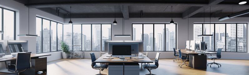 Fototapeta na wymiar Panorama images of office interiors Generative AI