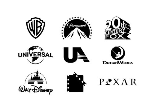 Warner Bros; Paramount; 20th century fox; Universal; United Artist; DreamWorks; Walt Disney; Pixar; New line cinema - Collection of world famous film companies logo. Vector. editorial illustration.