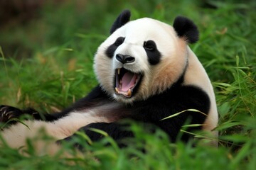Fototapeta na wymiar Panda, Happy on the grass, Laughing