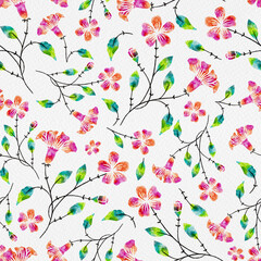 Pretty Pink Flower Branches Watercolor Seamless Pattern