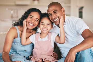 Family in portrait, parents and happy child relaxing at home in support, love or bonding together on sofa. Happiness, people or living room with relationship and spending quality time at the weekend