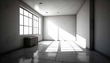 Unfurnished room, concrete walls, cracked tiled floor, window sunlight Generative AI