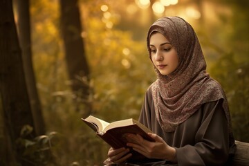 A woman reading the Quran. The focus on the woman s peaceful expression as she reads the holy book. The background be blurred to give the image a dreamlike. Generative AI