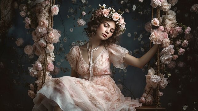 beautiful women sitting on vintage flowers swing, Generative Ai