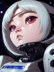 Fototapeta na wymiar a young female astronaut with big eyes in space with a space suit, generative ai generativ ki, anime & manga style, digital art
