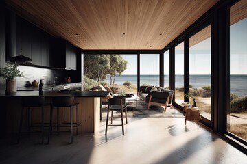 Fototapeta na wymiar Black House Living Room with Ocean View and Minimal Kitchen