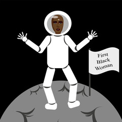 An Cosmonaut on the moon. An Astronaut in space. Vector illustration of a man in a spacesuit. First Black Woman in Space concept. Fashion model on the Moon.