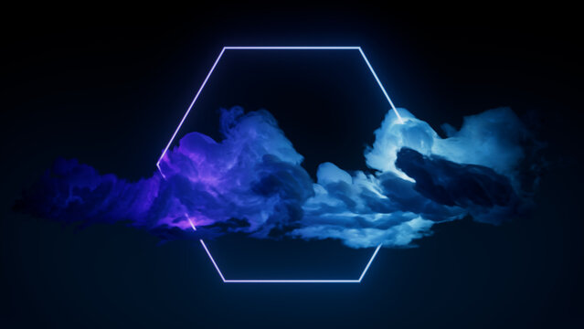 Cloud Formation Illuminated with Blue and Purple Fluorescent Light. Dark Environment with Hexagon shaped Neon Frame.