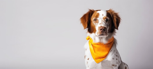 concept of animal rescue, adopt pet, animal shelter. cute dog with orange neck bandana. banner with copy space. generative ai