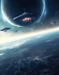 Naklejka na ściany i meble Alien invasion on earth. War of the worlds. Alien ships, ai generative