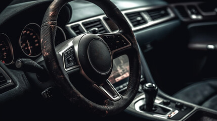 Fototapeta na wymiar car steering wheel with a dashboard and gear shifter Generative AI