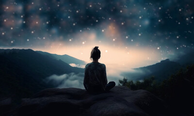 Naklejka na ściany i meble person silhouette sitting on the top of the mountain meditating or contemplating the starry night with Milky Way and Moon background yoga and meditation silhouette dreamy background