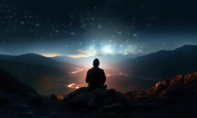 person silhouette sitting on the top of the mountain meditating or contemplating the starry night with Milky Way and Moon background yoga and meditation silhouette dreamy background
