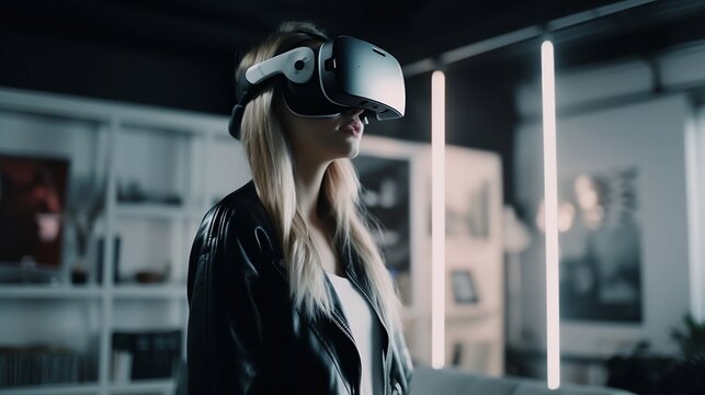 A woman wearing a VR headset is immersed in a metaverse world, where she interacts with various virtual reality objects. This abstract cyber world appears to be within an office setting. Generative AI