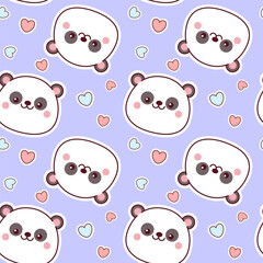 Seamless pattern of panda faces on a purple background with hearts