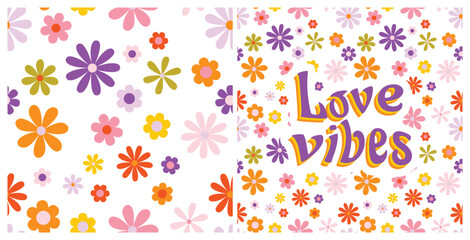 Love vibes groovy card designs. Vintage flowers on white background seamless pattern. 
