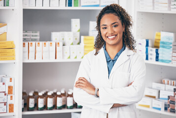 Pharmacy, pharmacist or portrait of woman with arms crossed or smile in customer services or...