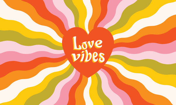Love vibes retro cartoon poster. Abstract background with a positive quote. Vector clip art in groovy and preppy style. 