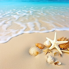 Fototapeta na wymiar Sea shells starfish tropical sand turquoise caribbean. Generative AI.