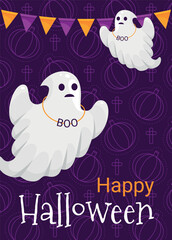 Happy Halloween party poster with flying ghosts and pennant flags purple design vector flat
