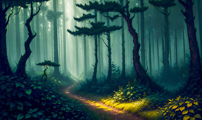 Journey to the deep dark forest woodland jungle sci fi landscape High Quality Generative AI Post Processed