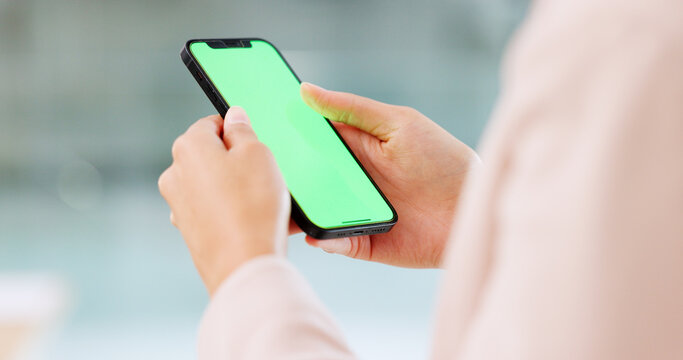 Single female swiping on a dating app. Woman browsing online scrolling social media on a mobile device display with chromakey outside. Hands using a phone showing green screen for copy space.
