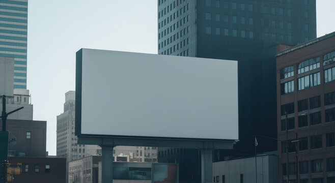 Cartel blanco vacio entre edificios de una ciudad moderna.Ilustraci&oacute;n de IA Generativa 