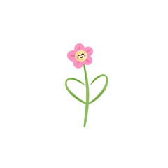 happy smile on a pink flower cartoon character with heart shaped leaves. hand drawn cute flower illustartion