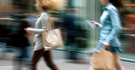 Two blurred in motion women with bags on city street